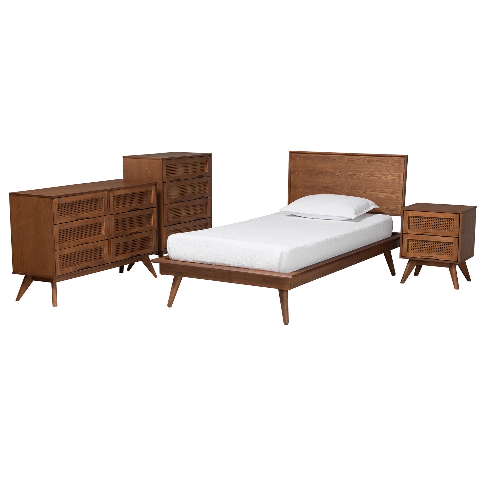 Baxton Studio Melora Mid-Century Modern Walnut Brown Finished Wood and Rattan Twin Size 4-Piece Bedroom Set